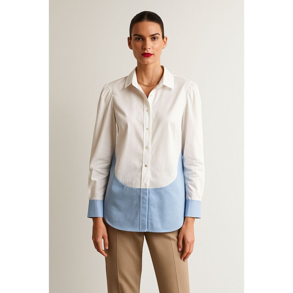 Magaschoni Colorblock White and Blue Button Up Shirt with Silver Trim Details 2